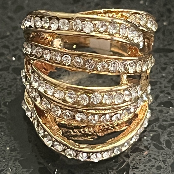 7-Row Swirls cz Crystal Gold Pave Set ladies Cocktail statement bling Ring - Picture 2 of 3